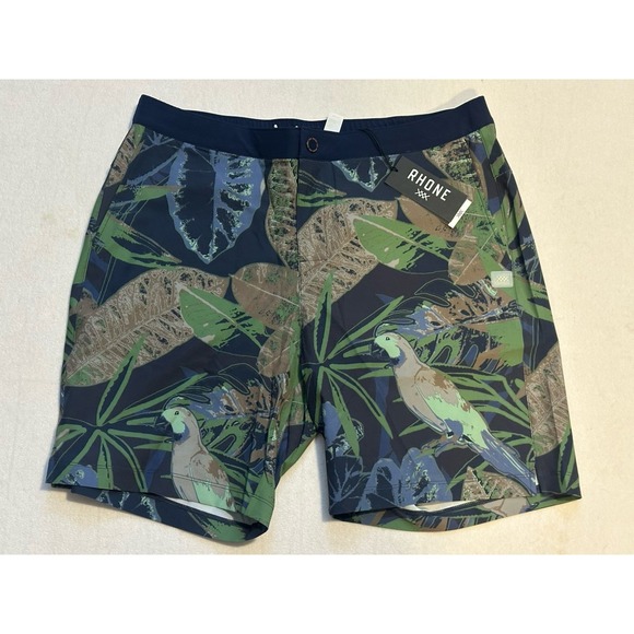 NWT RHONE Barrier Swim Shorts XXL Tropical Floral Green Blue 8" Inseam Men's - Picture 2 of 6